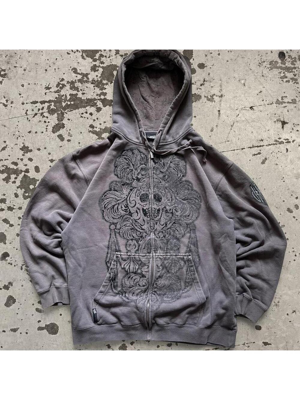 insane grunge vintage Y2K Vans Zip Up Hoodie with black ornate skull graphic